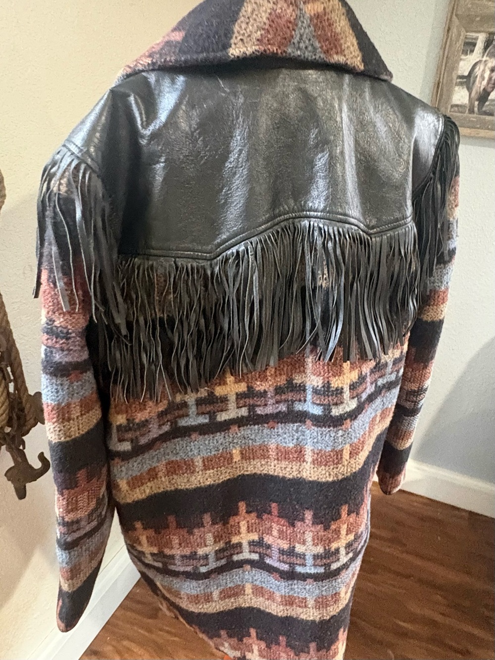 Vintage Pioneer Wear Southwestern Wool Blanket Coat Leather Fringe Jacket USA M